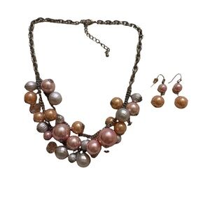 Pink and Champagne Pearl Cluster Necklace with Matching Earrings